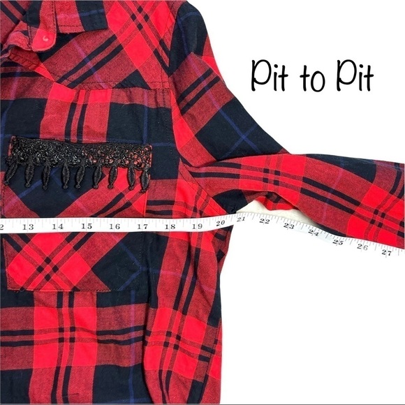 Kenzie Jeans Red and Black Button Crochet Double Breasted Pocket Blouse M - Picture 13 of 15
